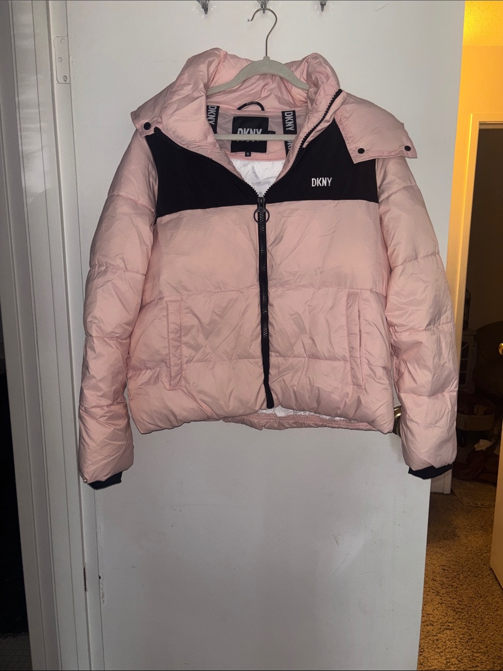 DKNY Light Pink & Black Colorblock Puffer